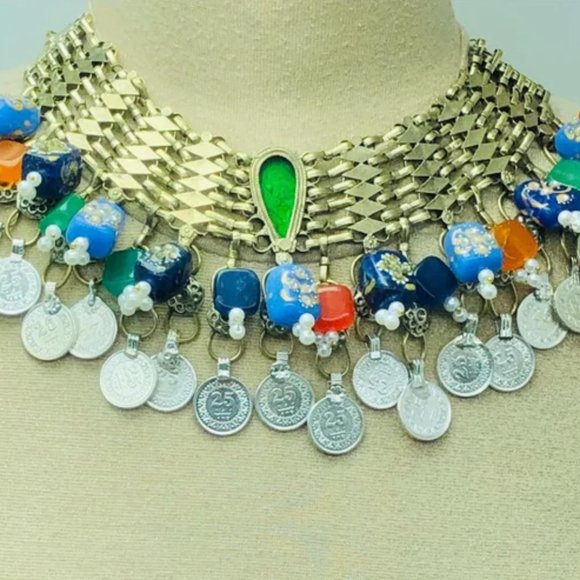 Statement Coins Choker Necklace With Multicolor Glass Stones and Beads, Collar - Picture 3 of 9